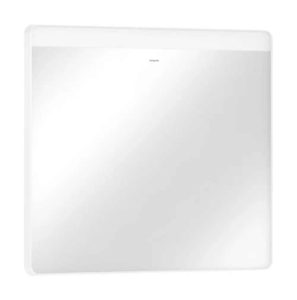 Spiegel mit klarer reflektierender Oberfläche und integrierter horizontaler LED-Beleuchtung. Hersteller ist Hansgrohe.